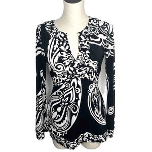 White House Black Market Black White Paisley V-Neck Liquid Knit Tie Waist Small